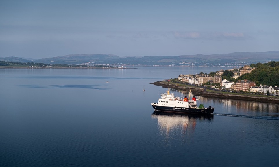 Ariel view of MV Bute sailing into Rothesay harbour 