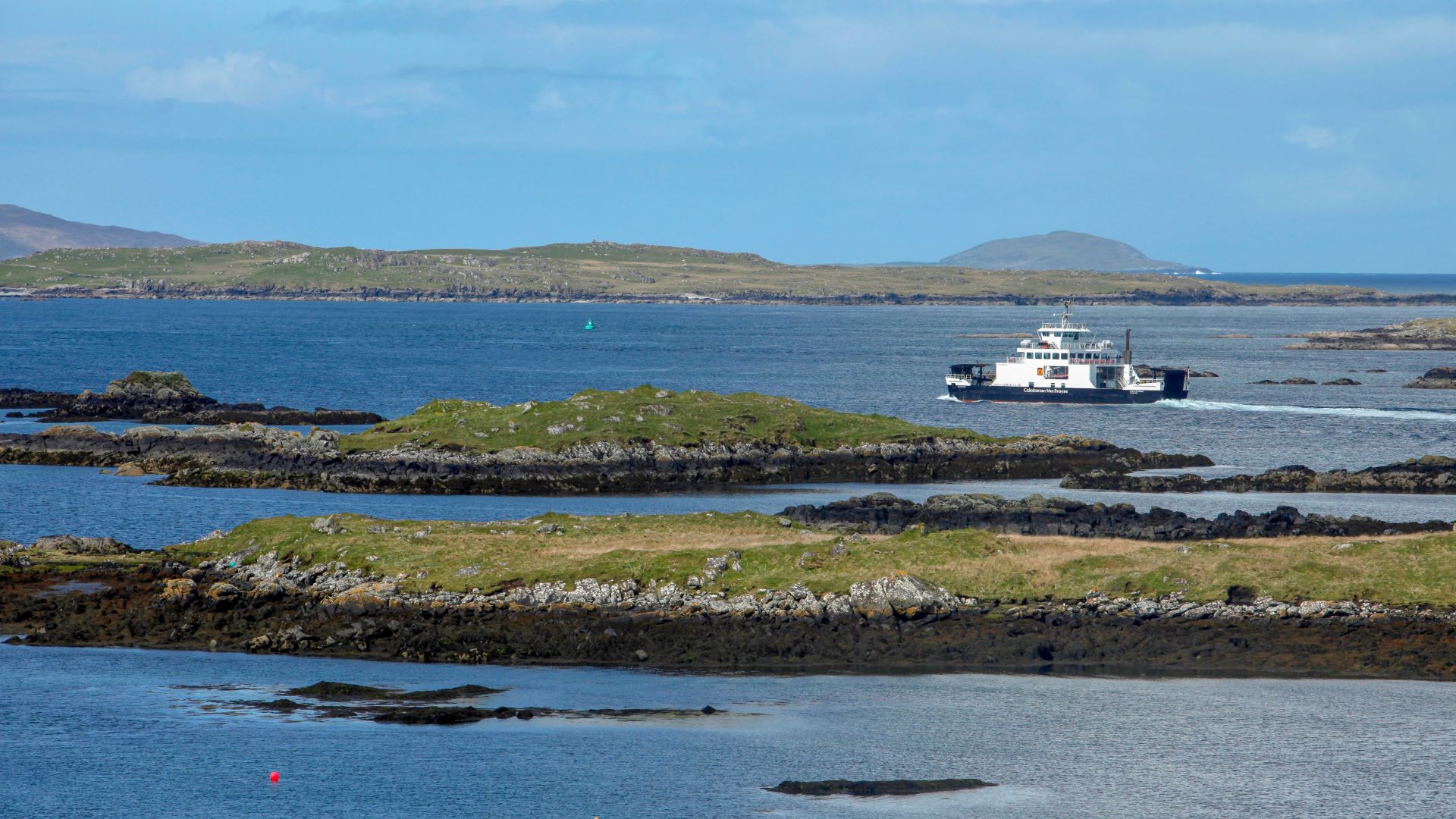 A Caledonian MacBrayne ferry sailing on the Berneray crossing.