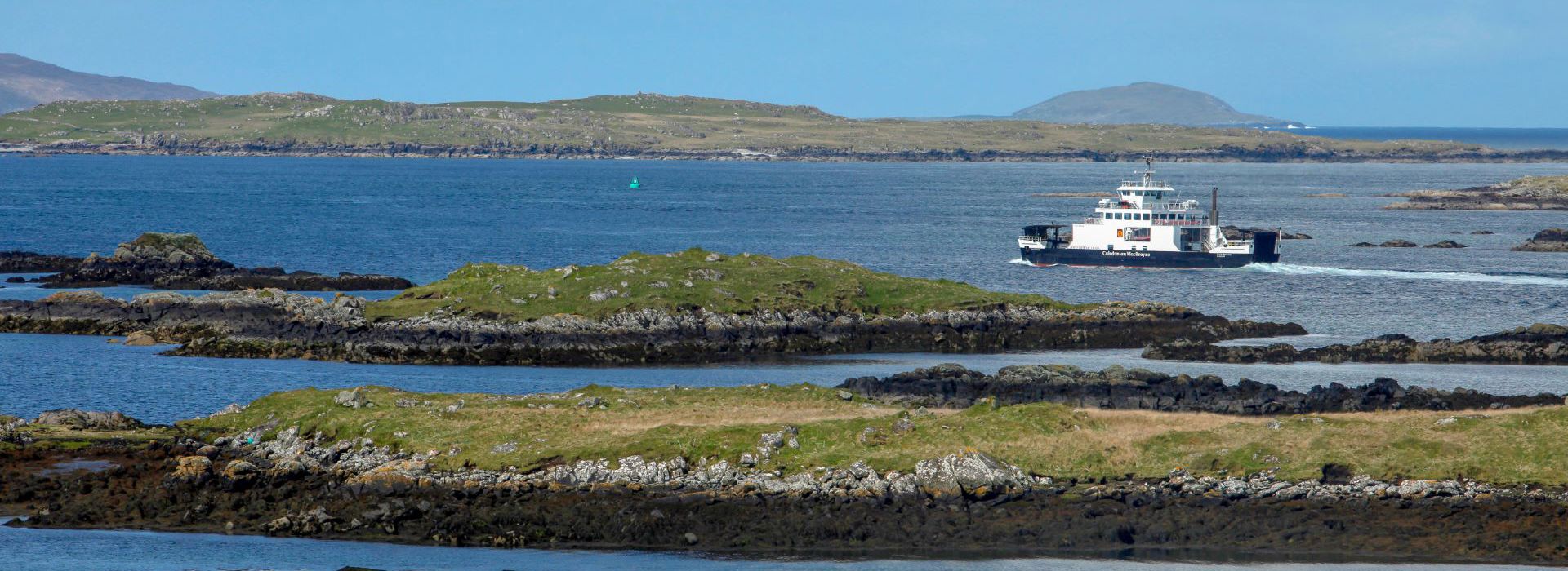 A Caledonian MacBrayne ferry sailing on the Berneray crossing.