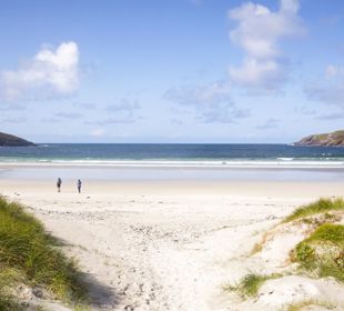 A couple walking across a sandy beach, under a blue sky to the water on a sunny day