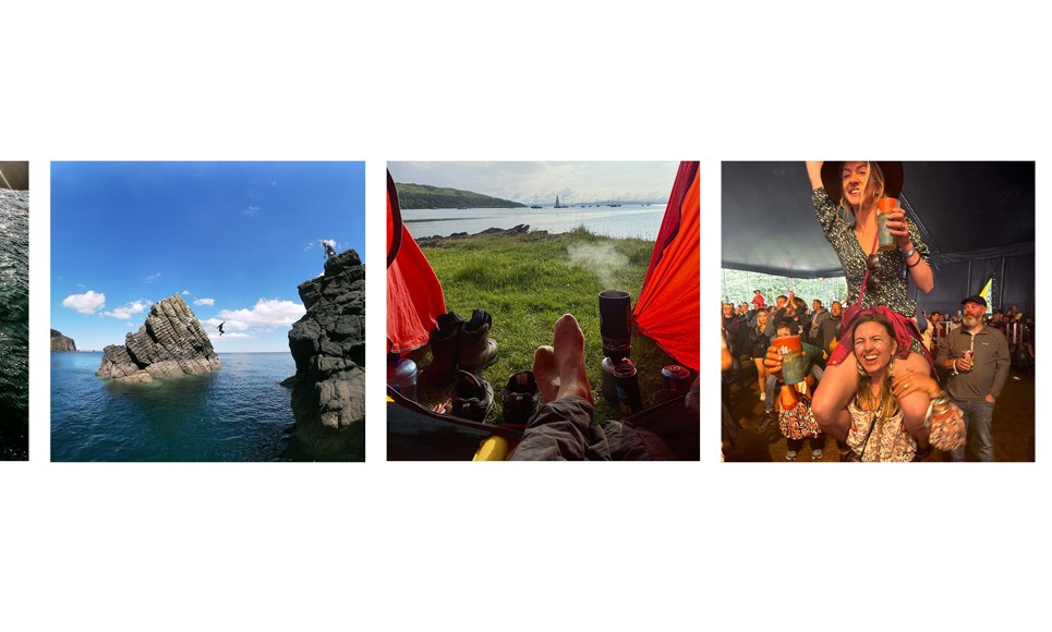 Collage of a rocky coast, person on rocks, feet in tent with view, and people gathered at an outdoor event.