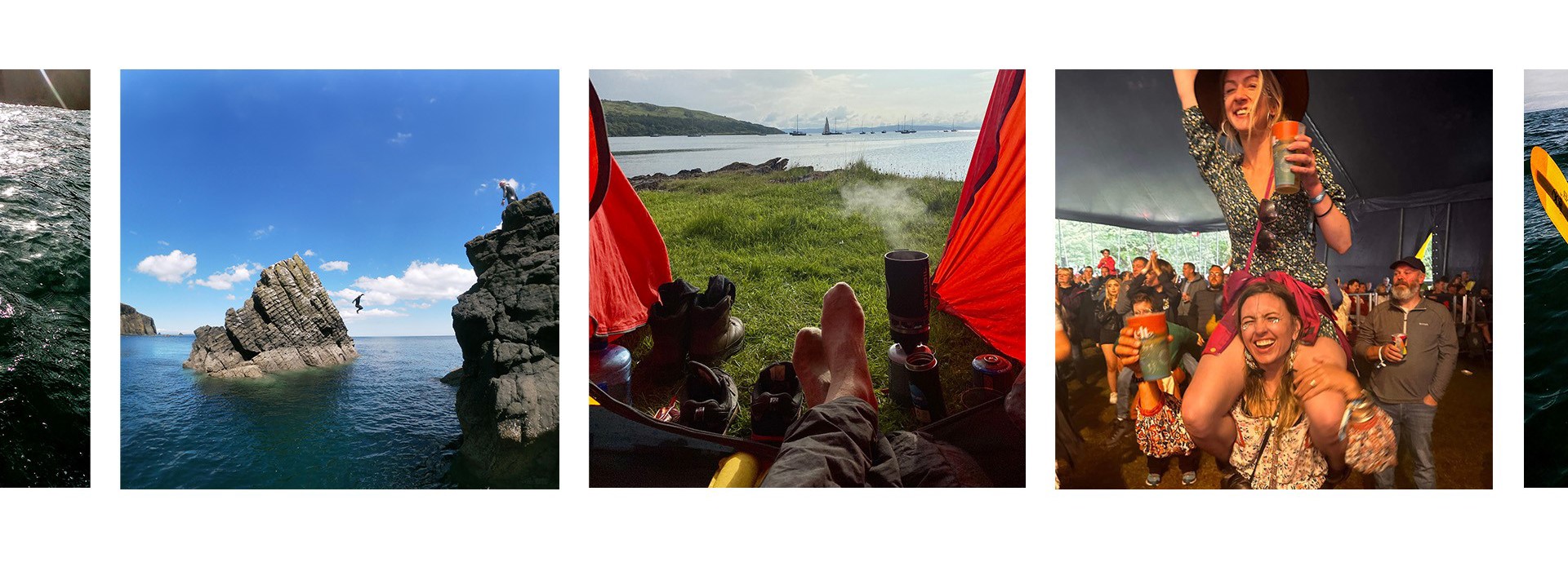 Collage of a rocky coast, person on rocks, feet in tent with view, and people gathered at an outdoor event.