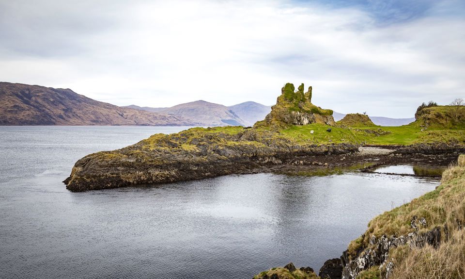 Castle Coeffin ruins, sitting on its lofted perch above the water, Lismore.