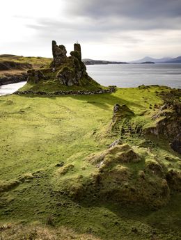 The ruins of Castle Coeffin, perched looking out to sea. Lismore.