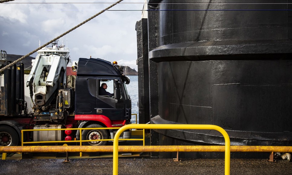 A large lorry driving onto a CalMac ferry