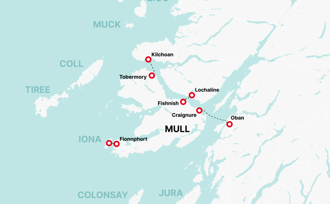 map showing the island of Mull and how to get to there from mainland Scotland