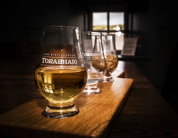  A glass of whisky from Torabhaig distillery, Skye.