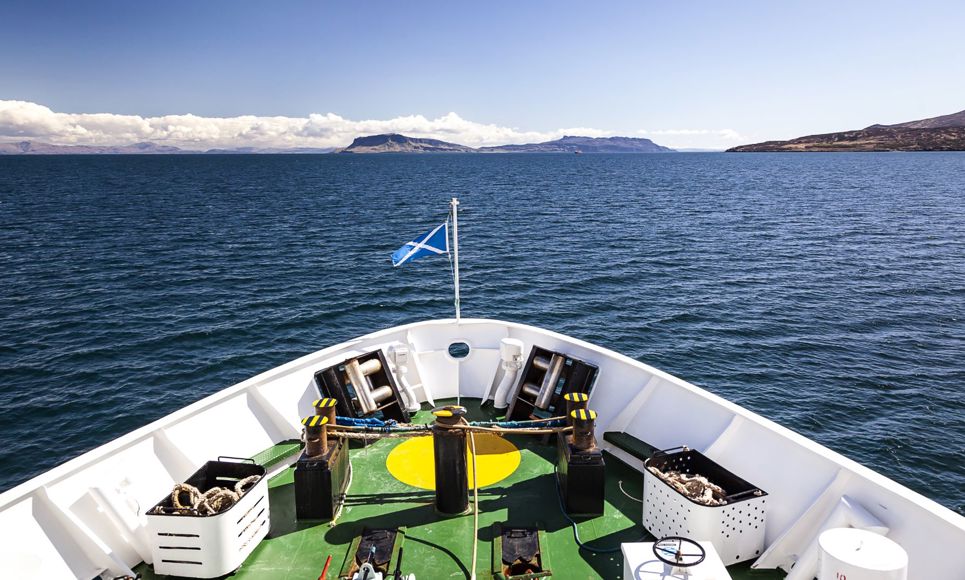 The bow of the ferry as it travels on the Small Isles route