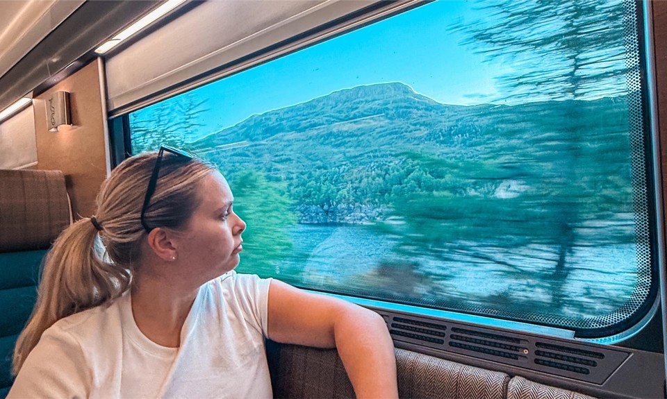 A woman with blonde hair looks out train window at scenic landscape with mountains and trees.