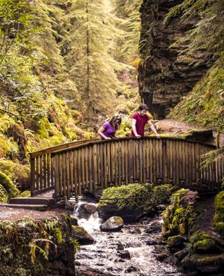 A couple looking over a small bridge as water runs underneath at the wooded area called Pucks Glen