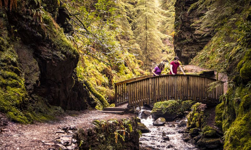 A couple looking over a small bridge as water runs underneath at the wooded area called Pucks Glen
