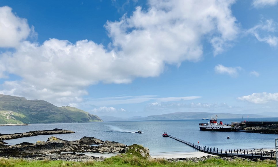 A CalMac ferry sitting berthed at the slipway, Kildonan on Morvern and Ardnamurchan