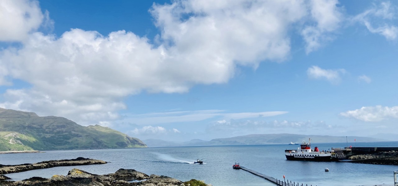 A CalMac ferry sitting berthed at the slipway, Kildonan on Morvern and Ardnamurchan
