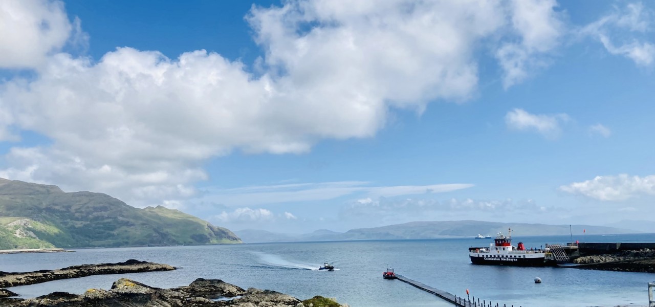 A CalMac ferry sitting berthed at the slipway, Kildonan on Morvern and Ardnamurchan