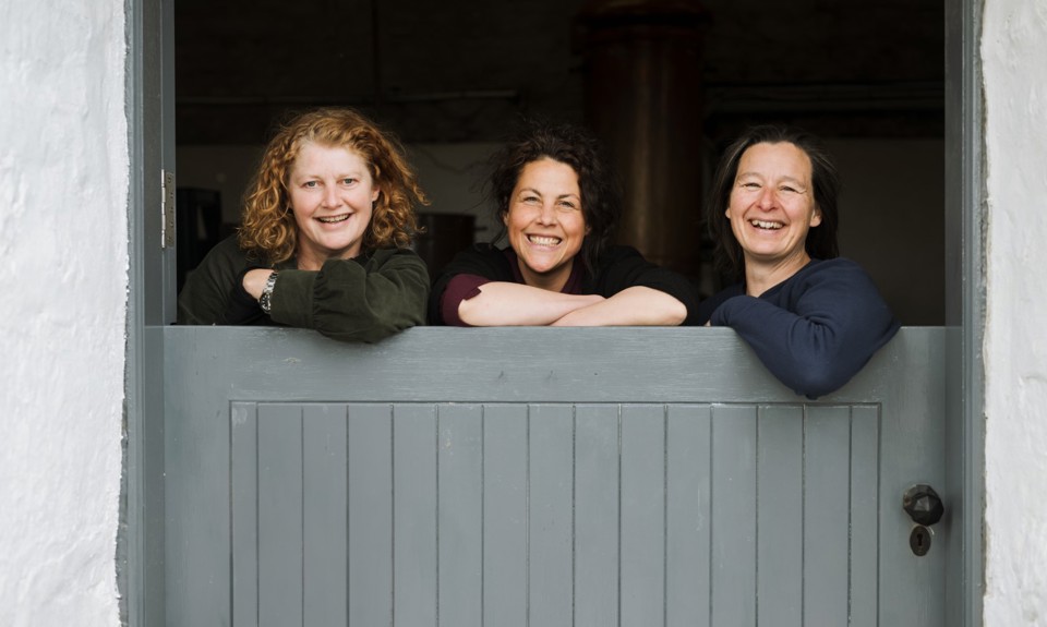 three ladies posing over a grey stable gate