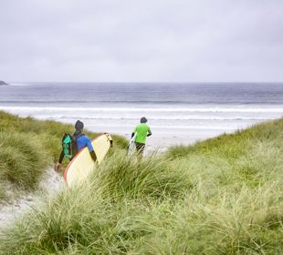 Surfers carrying a surfboard as they walk to a sandy beach.