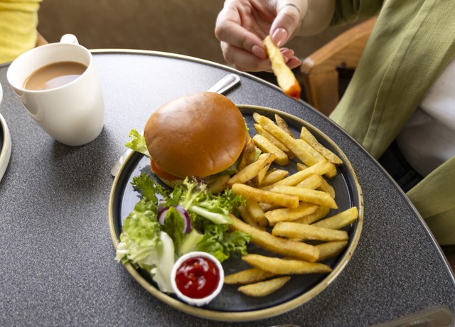 burger on a plate with fries, a side salad and a sauce of tomato ketchup