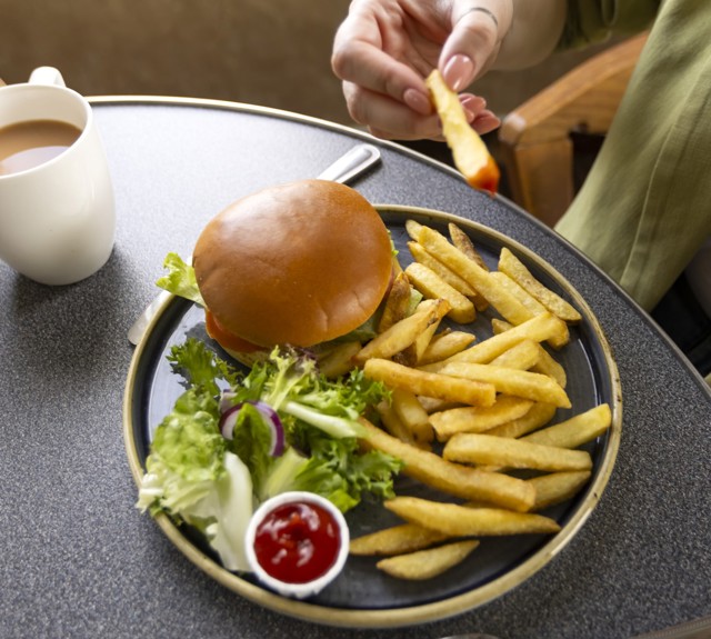 burger on a plate with fries, a side salad and a sauce of tomato ketchup