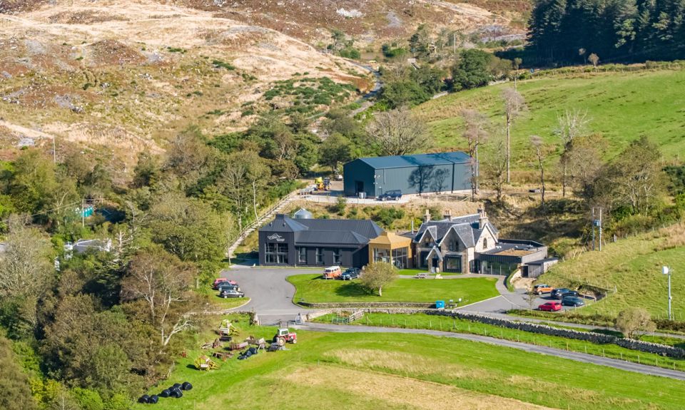 A view of the buildings and land of the Isle Of Raasay Distillery, Raasay.
