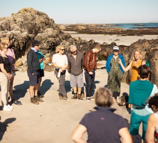 A group of people standing on a rocky beach. The background features large rock formations and the ocean with a clear sky.