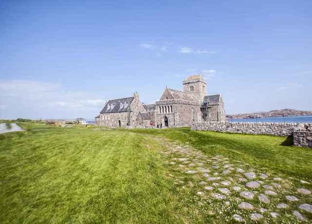 Iona Abbey and grounds. A view of the stone path leading to the Abbey