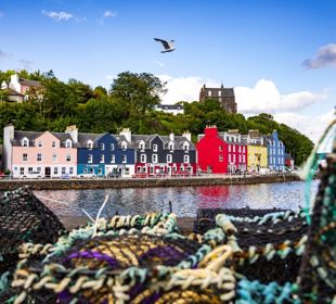The colourful houses at Tobermory harbour on the Isle of Mull, with fishermens creels in the foreground.