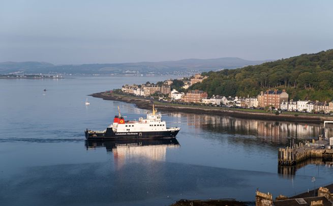 A Caledonian MacBrayne ferry sailing into Rothesay, Isle of Bute.