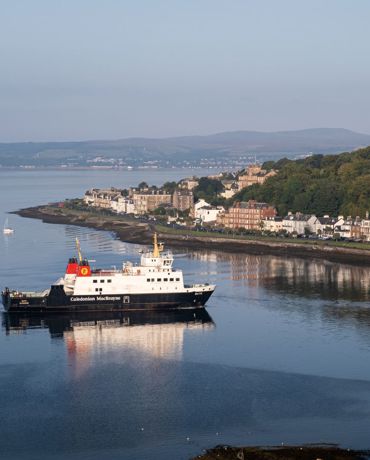 A Caledonian MacBrayne ferry sailing into Rothesay, Isle of Bute.