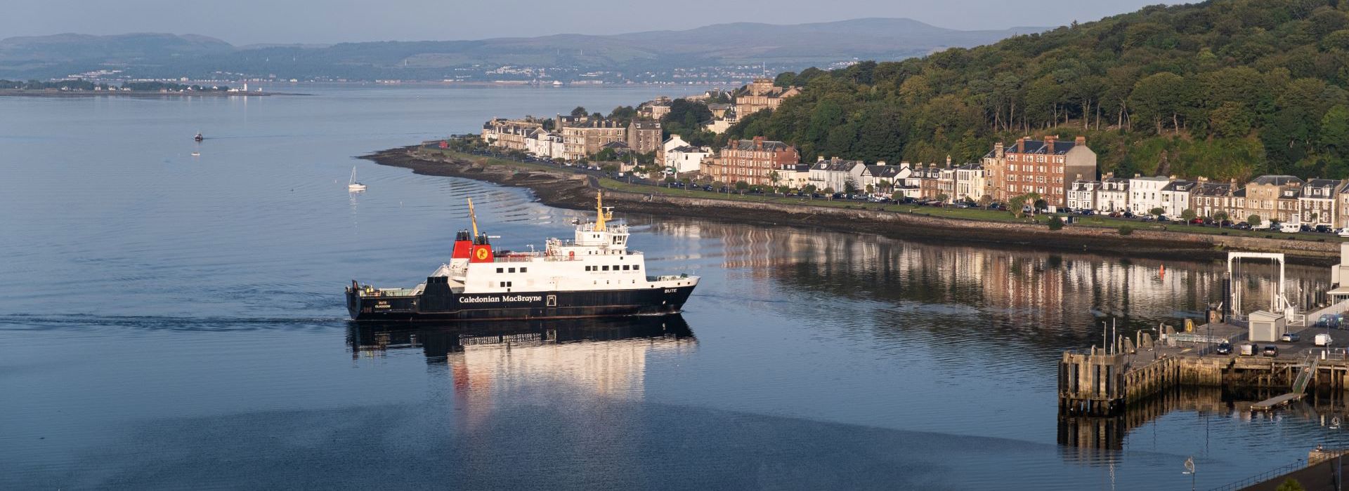 A Caledonian MacBrayne ferry sailing into Rothesay, Isle of Bute.