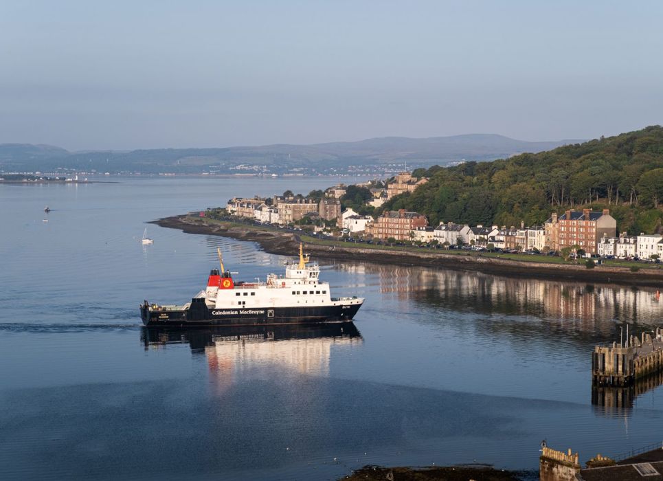 A Caledonian MacBrayne ferry sailing into Rothesay, Isle of Bute.