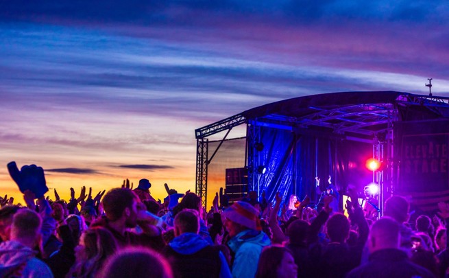 Tiree Music Festival stage at sunset