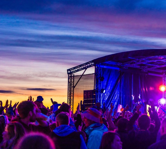 Tiree Music Festival stage at sunset