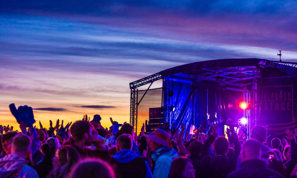 Tiree Music Festival stage at sunset