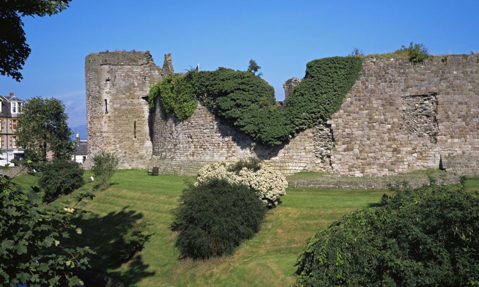 Rothesay Castle with trees in the foreground, Bute