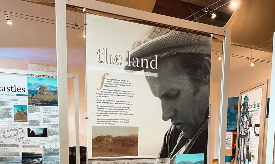 A large display panel showing the history of the land of Lismore, within a heritage centre.