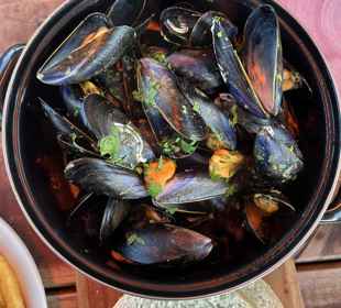 A bowl of seafood served with bread. Isle of Gigha