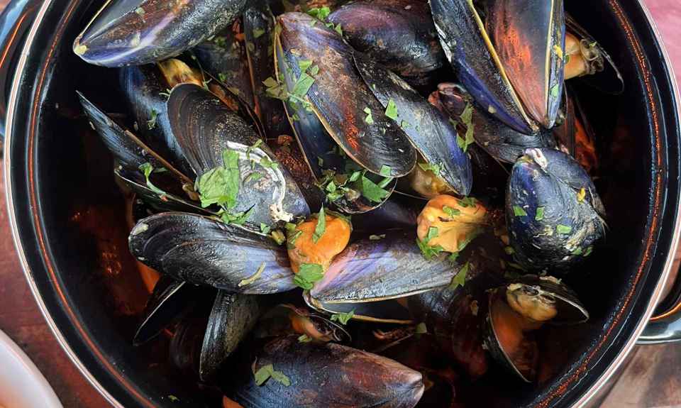 A bowl of seafood served with bread. Isle of Gigha