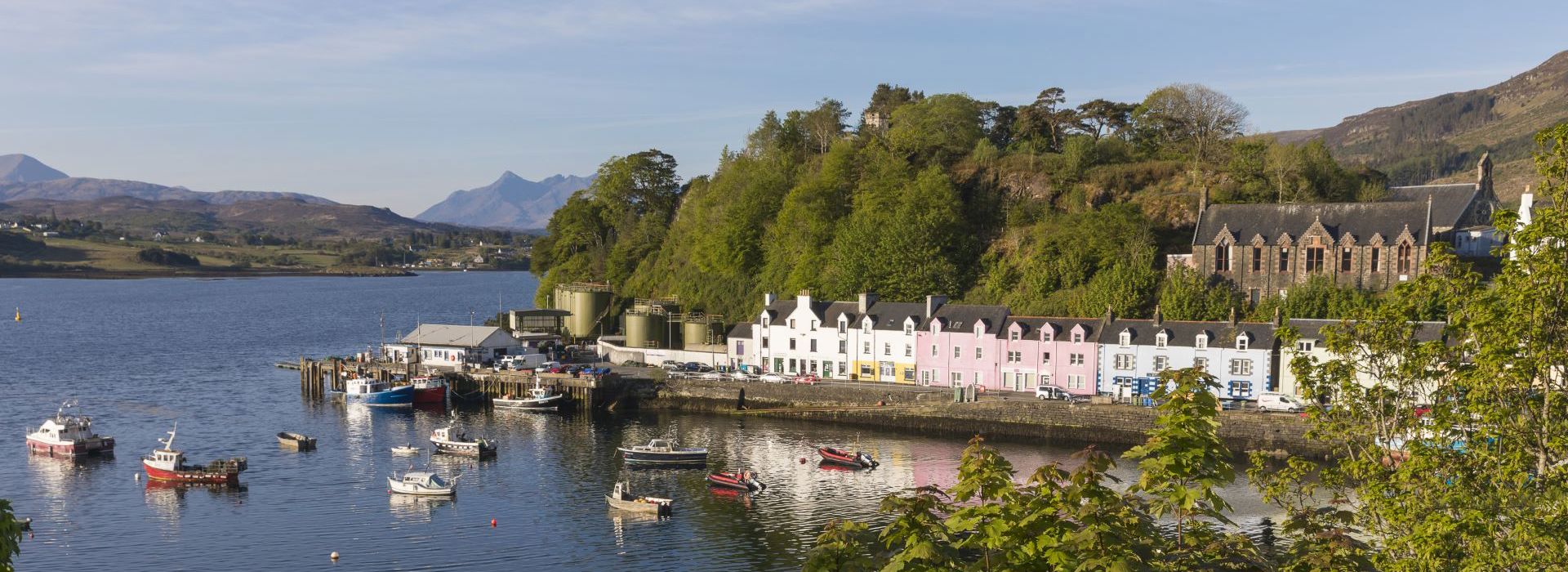 Across the bay to a row of colourful houses in Portree village on Skye.