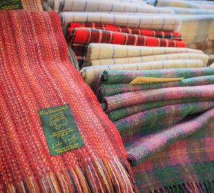 A clourful selection of Islay woolen mill scarves laid out on a display table