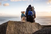 A hiker admiring views of Arran with their dog