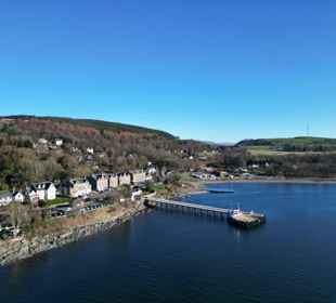 Aerial view of the Kilcreggan Pier and coastline. Kilcreggan and Rosneath.
