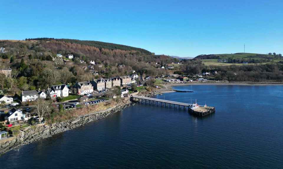 Aerial view of the Kilcreggan Pier and coastline. Kilcreggan and Rosneath.