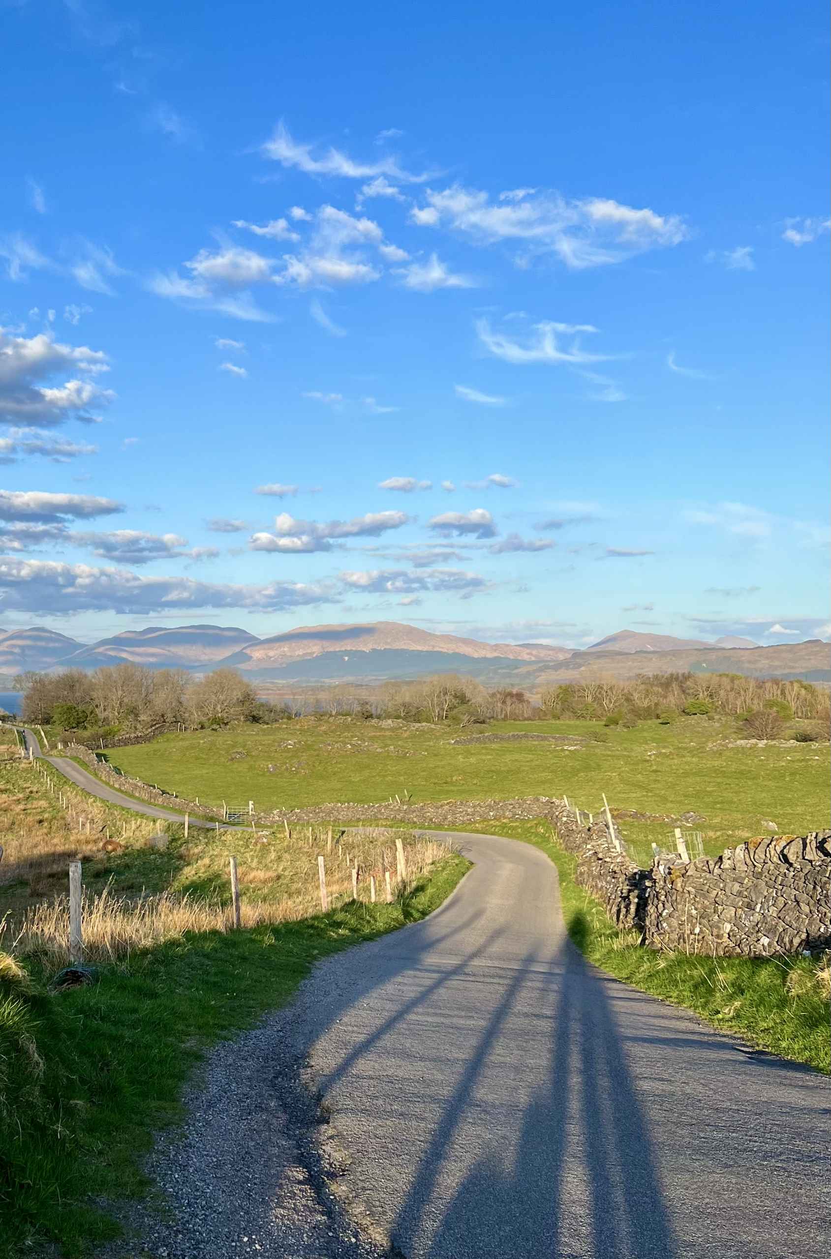 A winding single track road, with hills in the background, Lismore.
