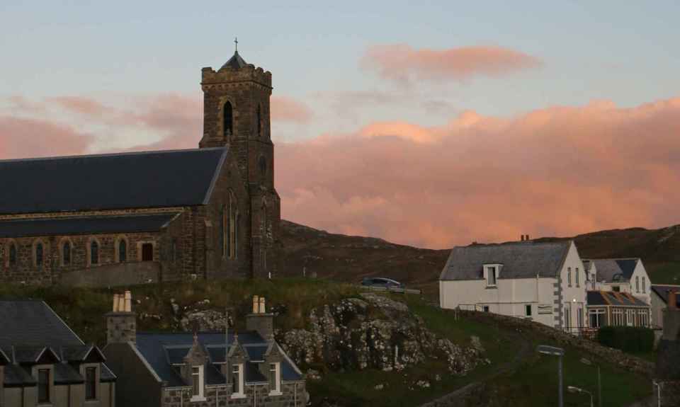 An eveing view of the village of Castlebay, Barra.