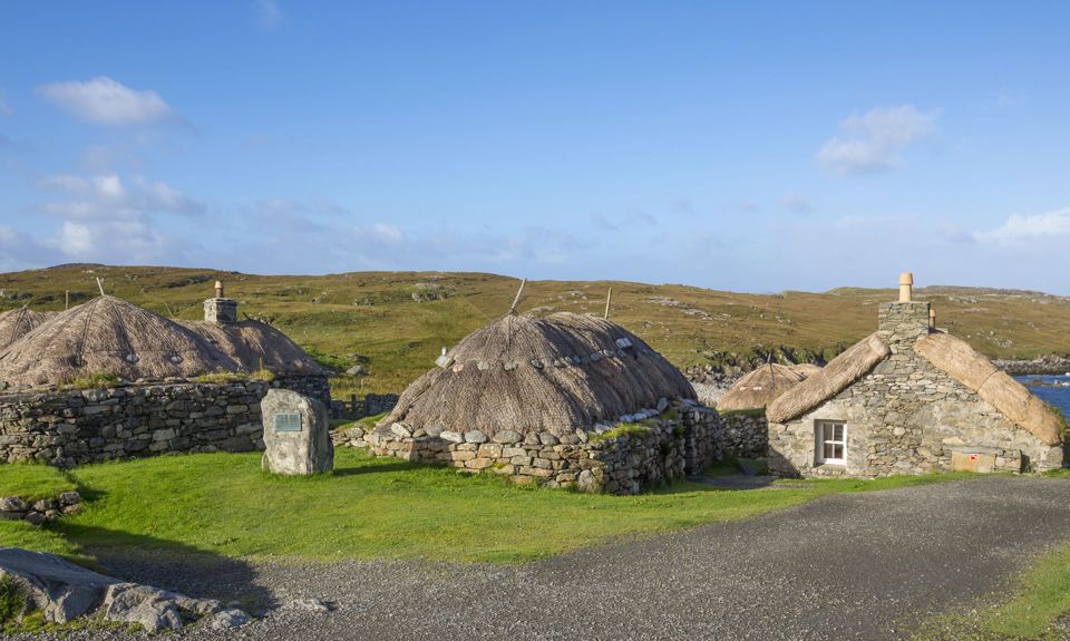 A Blackhouse village of old stone made, thatched roof crofting homes, Lewis.